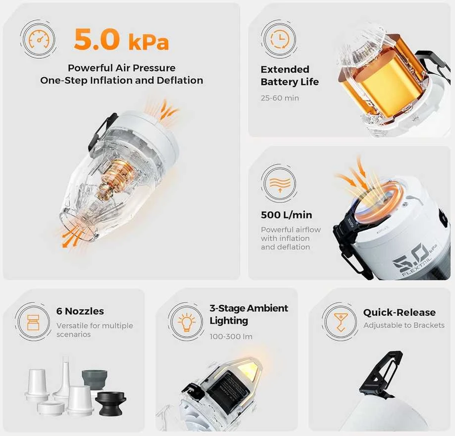 FLEXTAILGEAR nešiojama elektrinė oro pompa su apšvietimu, 15 W, 5,0 kPa, USB įkrovimas, MP3G650-WT