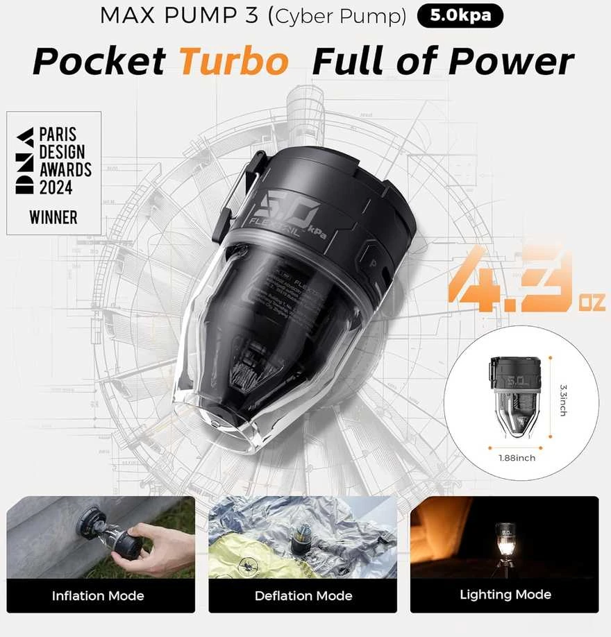 FLEXTAILGEAR nešiojama oro pompa, 5,0 kPa, 500 l/min, USB įkrovimas, su apšvietimu, MP3G650-BK