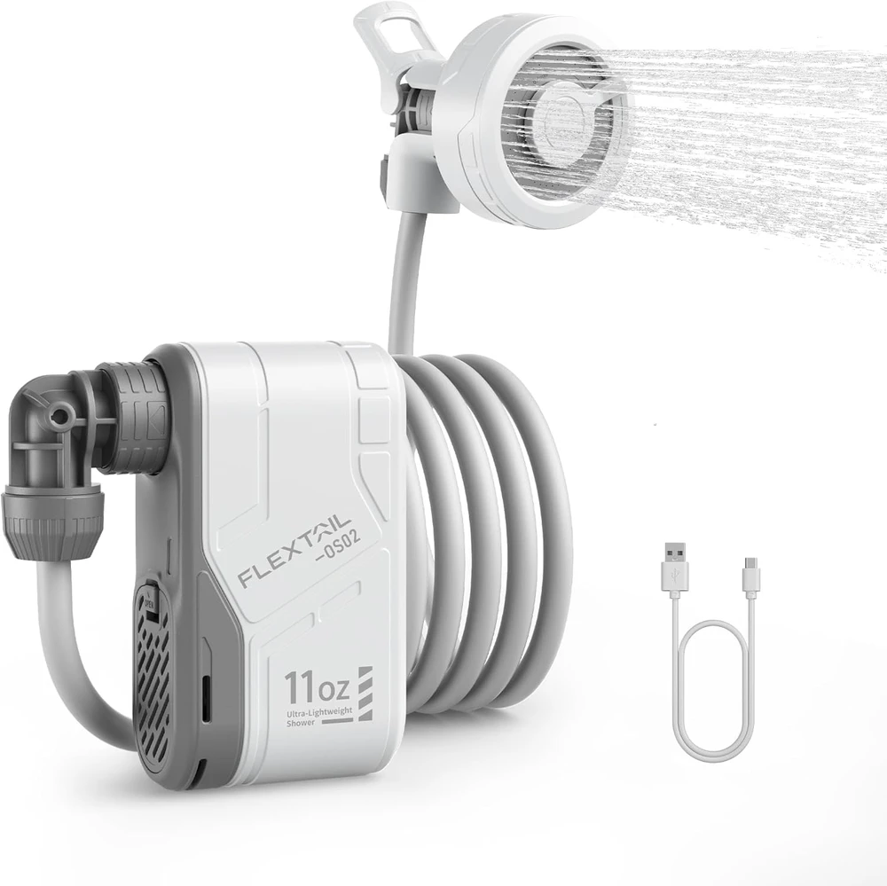 FLEXTAILGEAR nešiojamas kempingo dušas su akumuliatoriumi, USB-C, 2 srauto režimai, 2,2 m žarna, OS02