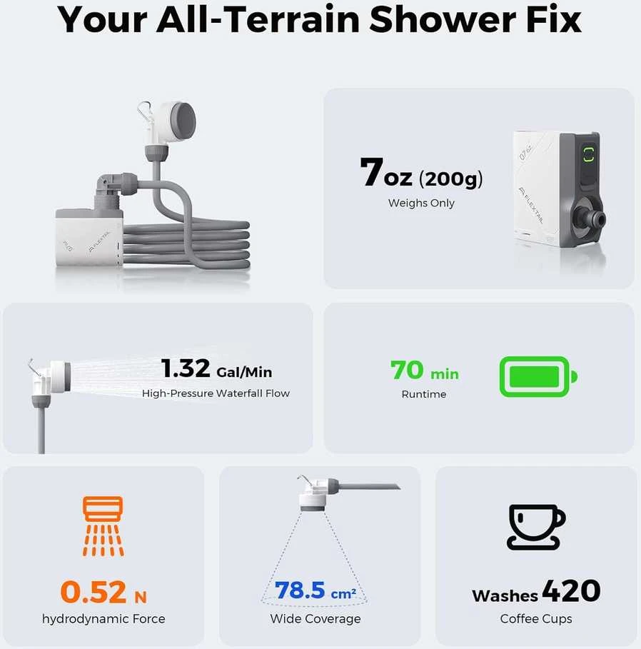 FLEXTAILGEAR nešiojamas dušo komplektas su USB-C įkrovimu, 2,2 m žarna, 2500 mAh, TINY SHOWER