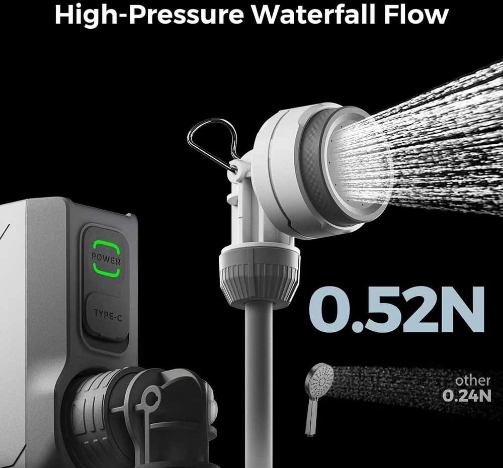 FLEXTAILGEAR nešiojamas dušo komplektas su USB-C įkrovimu, 2,2 m žarna, 2500 mAh, TINY SHOWER