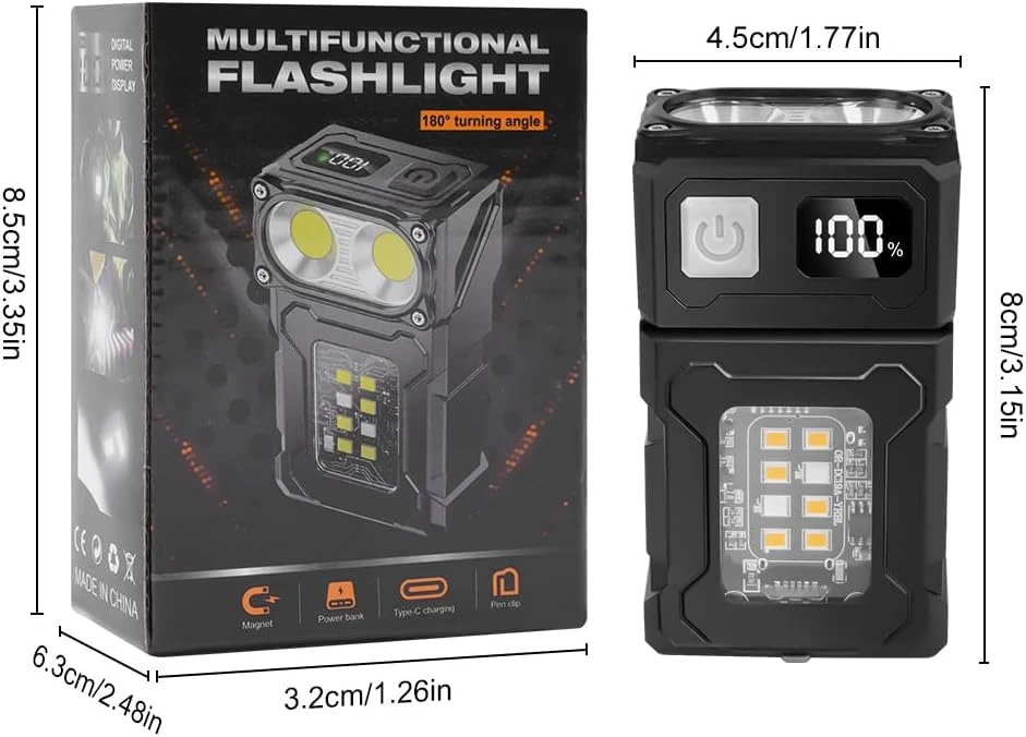 flintronic mini LED žibintuvėlis EDC, USB-C įkraunamas, COB magnetinis, 300 lm, juodas