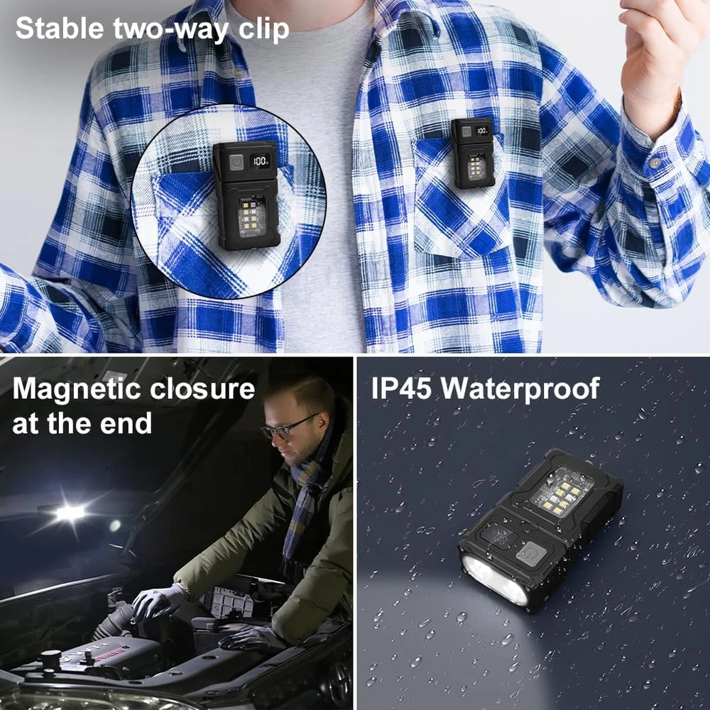 flintronic mini LED žibintuvėlis EDC, USB-C įkraunamas, COB magnetinis, 300 lm, juodas