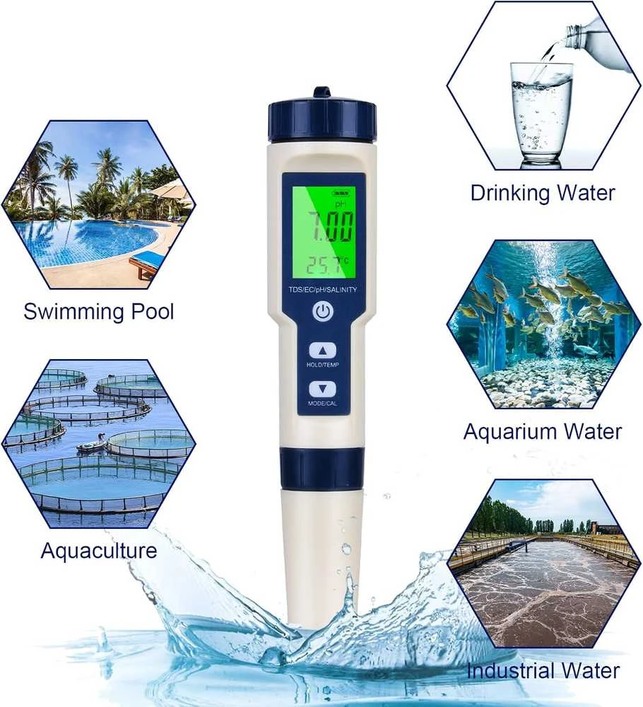Flintronic pH testeris 5-in-1 su LCD ekranu, vandens kokybės matuoklis TDS/EC/zasolenimui/temperatūrai, LEU-3150478