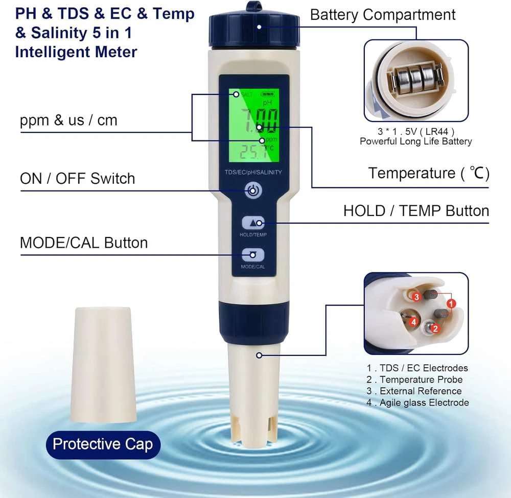 Flintronic pH testeris 5-in-1 su LCD ekranu, vandens kokybės matuoklis TDS/EC/zasolenimui/temperatūrai, LEU-3150478