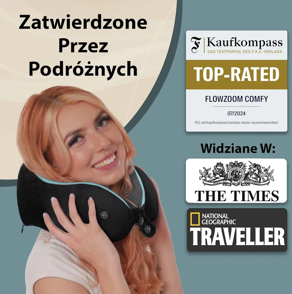 FLOWZOOM kelioninė kaklo pagalvė su 360° atrama, atminties putų užpildu, juoda, COMFY L - BK1