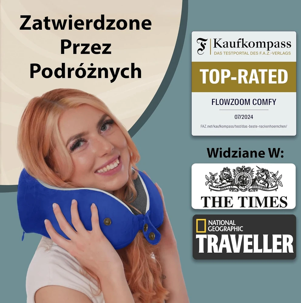 FLOWZOOM kelioninė kaklo pagalvė su atminties putų užpildu, reguliuojamas 360° palaikymas, nuimamas pliušinis užvalkalas, Comfy L - NB1 modelis