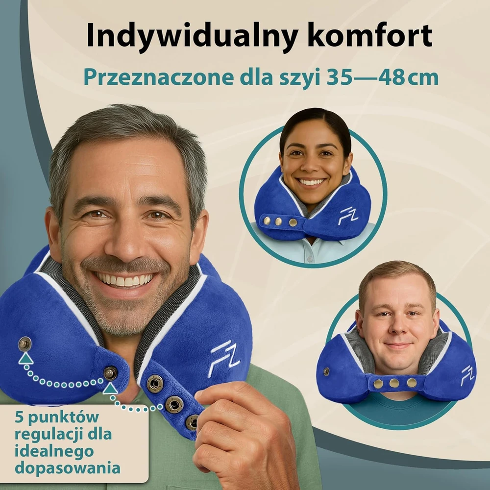 FLOWZOOM kelioninė kaklo pagalvė su atminties putų užpildu, reguliuojamas 360° palaikymas, nuimamas pliušinis užvalkalas, Comfy L - NB1 modelis