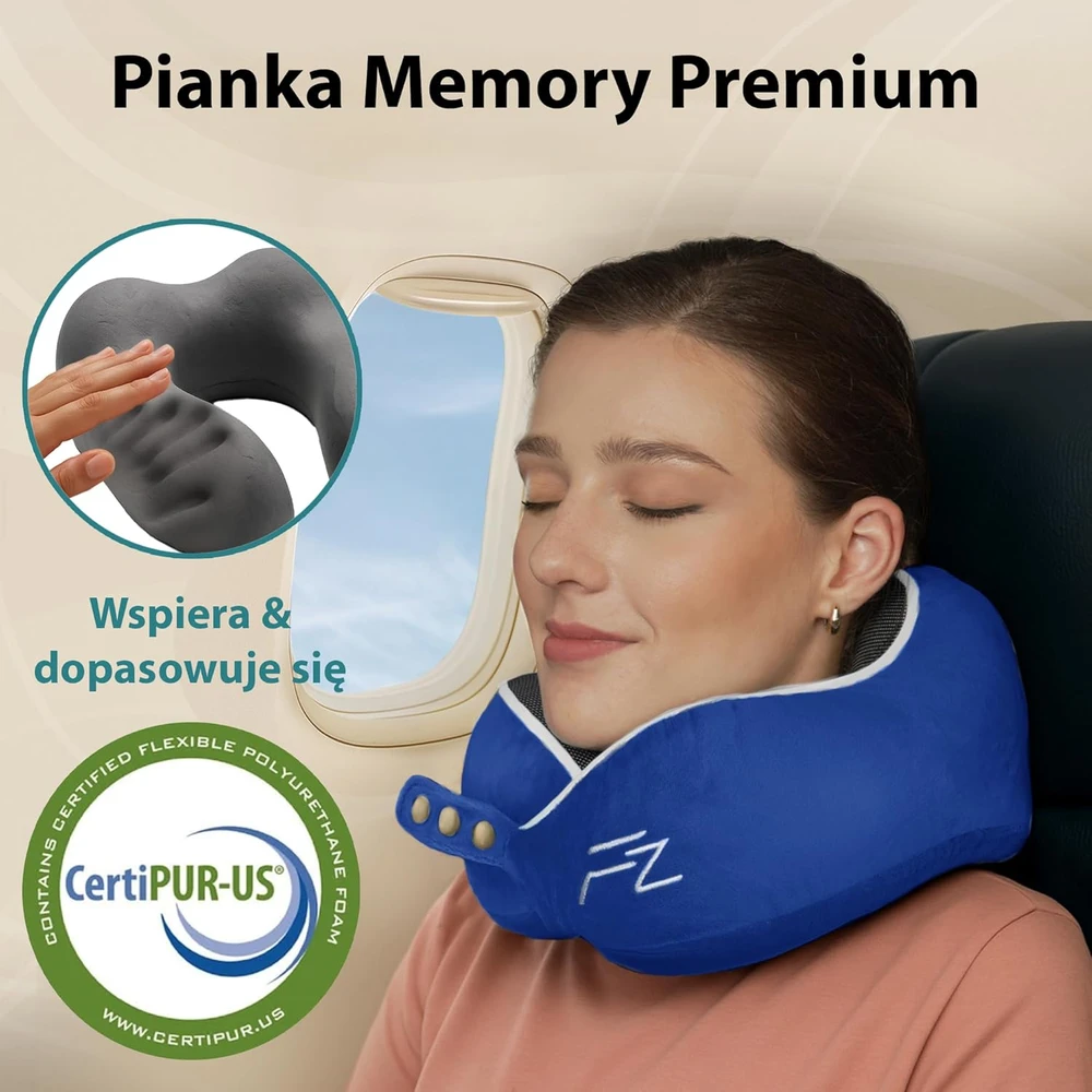 FLOWZOOM kelioninė kaklo pagalvė su atminties putų užpildu, reguliuojamas 360° palaikymas, nuimamas pliušinis užvalkalas, Comfy L - NB1 modelis