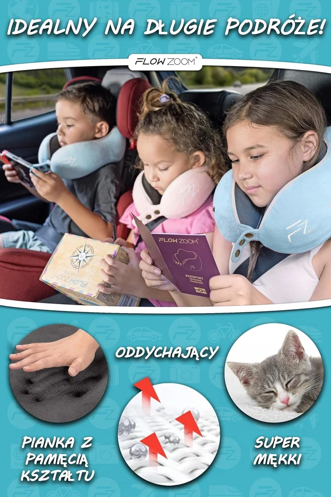 FLOWZOOM kelioninė kaklo pagalvė vaikams, memory foam, skalbiama užvalkale, dydis M, mėlyna