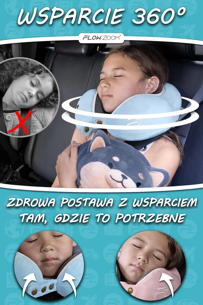 FLOWZOOM kelioninė kaklo pagalvė vaikams, memory foam, skalbiama užvalkale, dydis M, mėlyna