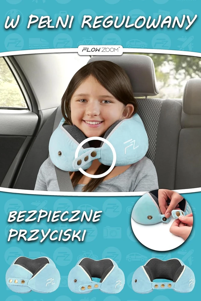 FLOWZOOM kelioninė kaklo pagalvė vaikams, memory foam, skalbiama užvalkale, dydis M, mėlyna