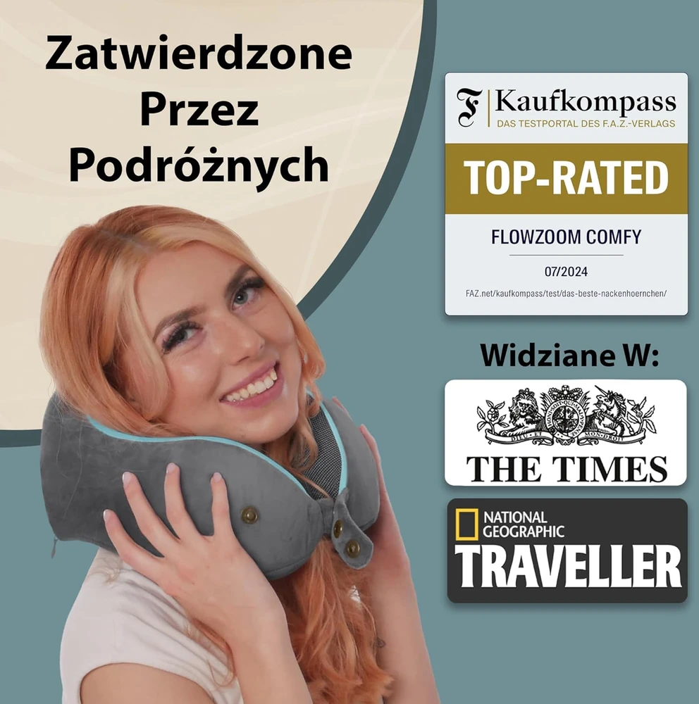 FLOWZOOM kelioninė pagalvė iš atminties putų, reguliuojamas 360° palaikymas, pilka, COMFY L - GY1