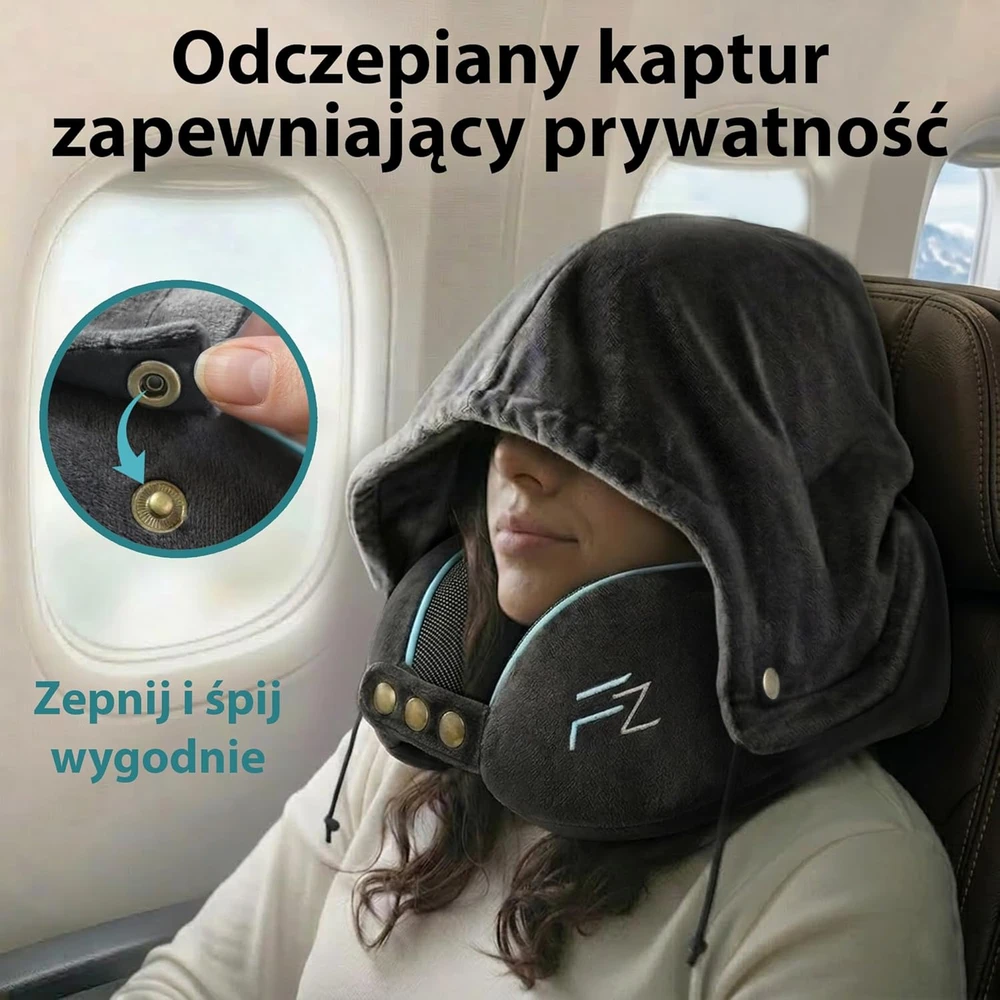 FLOWZOOM kelioninė pagalvė su atsegamu gobtuvu, memory putų užpildu, reguliuojama, juoda