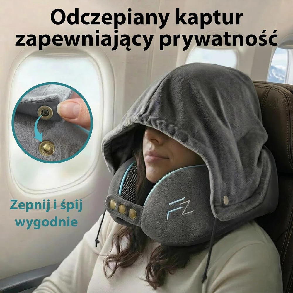 FLOWZOOM kelioninė pagalvė su memory putų užpildu, reguliuojamu gobtuvu ir nuimamu užvalkalu, COMFY Hood L - GY1