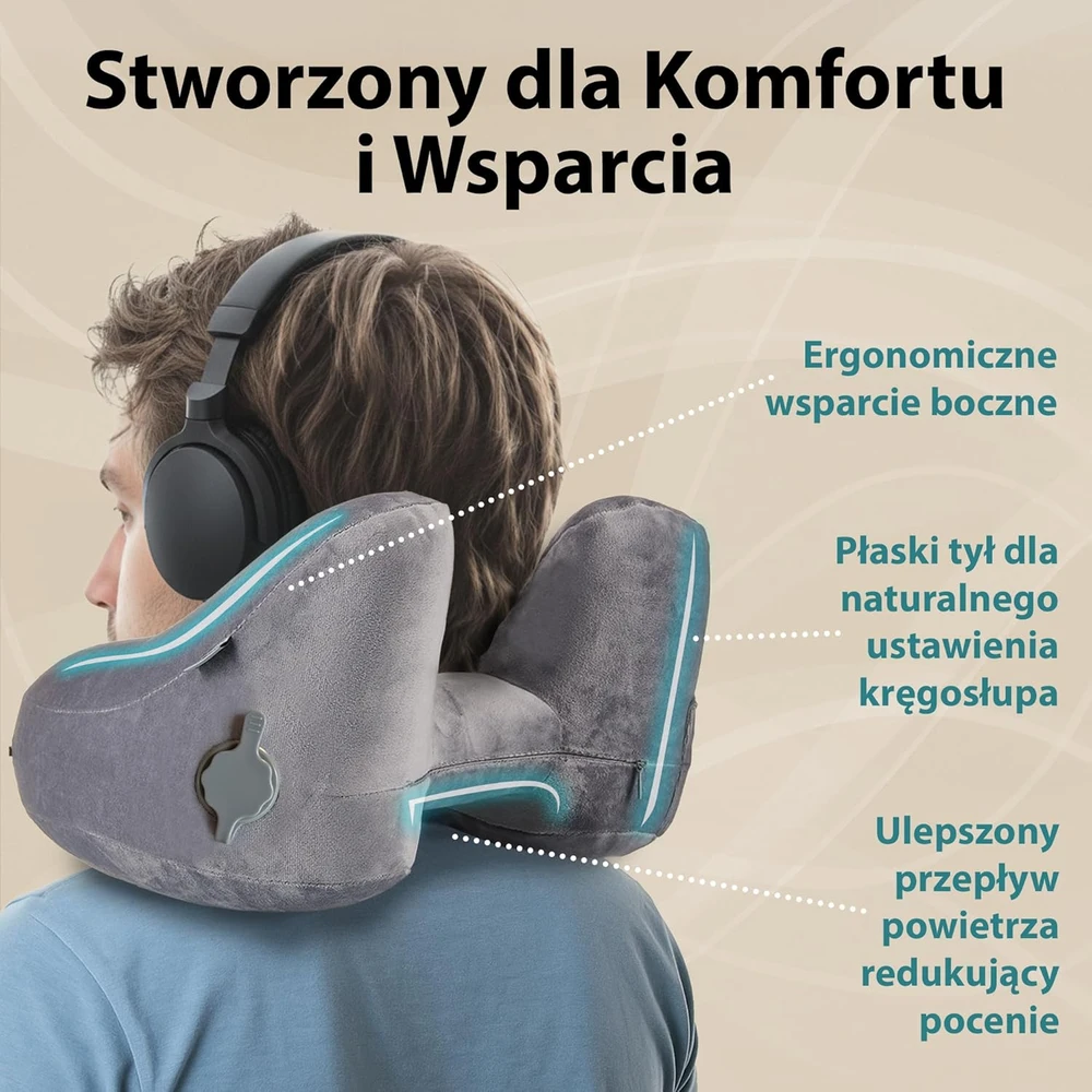 FLOWZOOM pripučiama kelioninė pagalvė su gobtuvu, 28x17 cm, M dydis, pilka