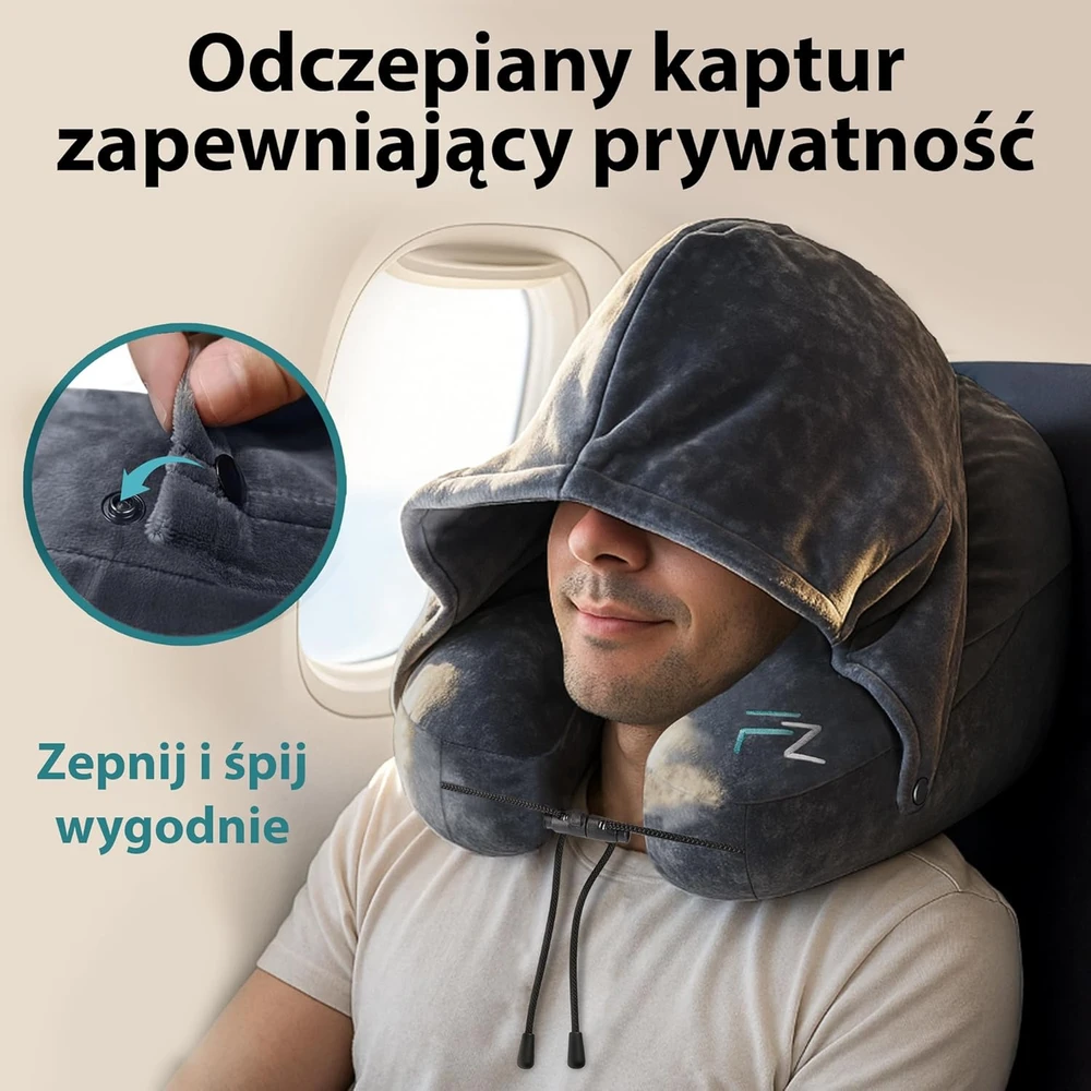 FLOWZOOM pripučiama kelioninė pagalvėlė su gobtuvu, 34x29 cm, juoda, dydis L