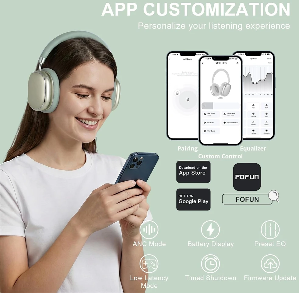 FOFUN belaidės ant ausų dedamos ausinės su aktyviu triukšmo slopinimu, Bluetooth 5.3, NC95