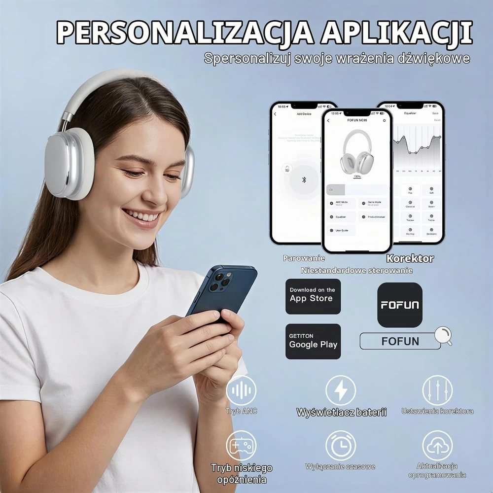 FOFUN belaidės ant ausų dedamos Bluetooth ausinės su hibridiniu ANC, 120 val. NC95