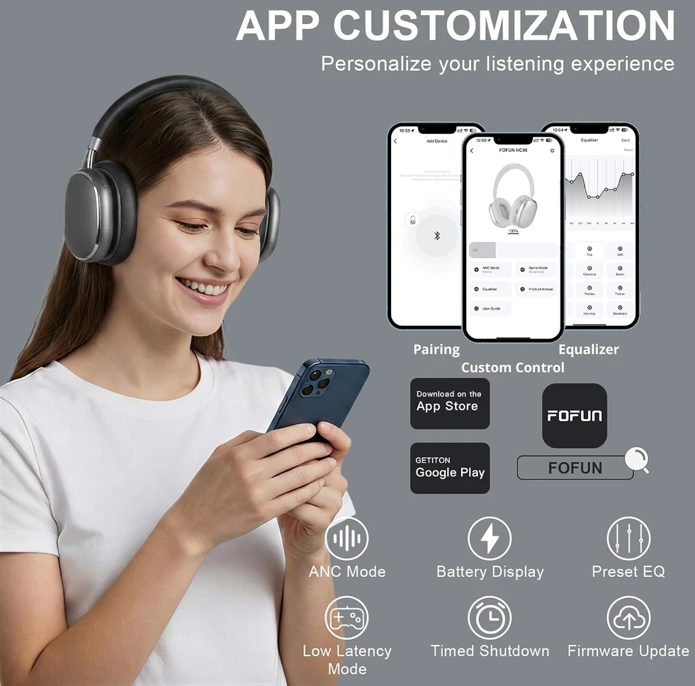 FOFUN belaidės ant ausų dedamos Bluetooth ausinės su ANC ir 120 h veikimu NC95
