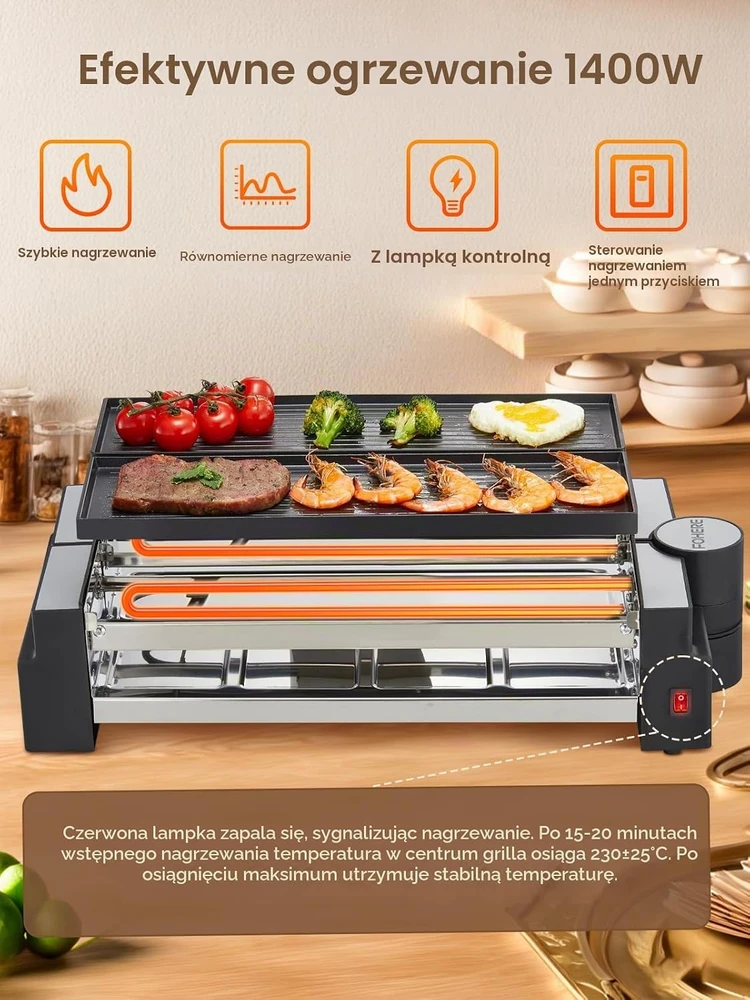 FOHERE rakletės grilis 8 asmenims, 1400 W, pasukamas, nerūdijančiojo plieno DR-995(A)