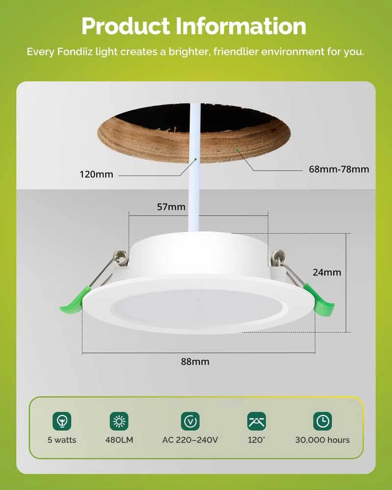 Fondiiz įleidžiamų LED lubinių šviestuvų komplektas, 5 W, 3CCT, IP44, 20 vnt., FL0204321