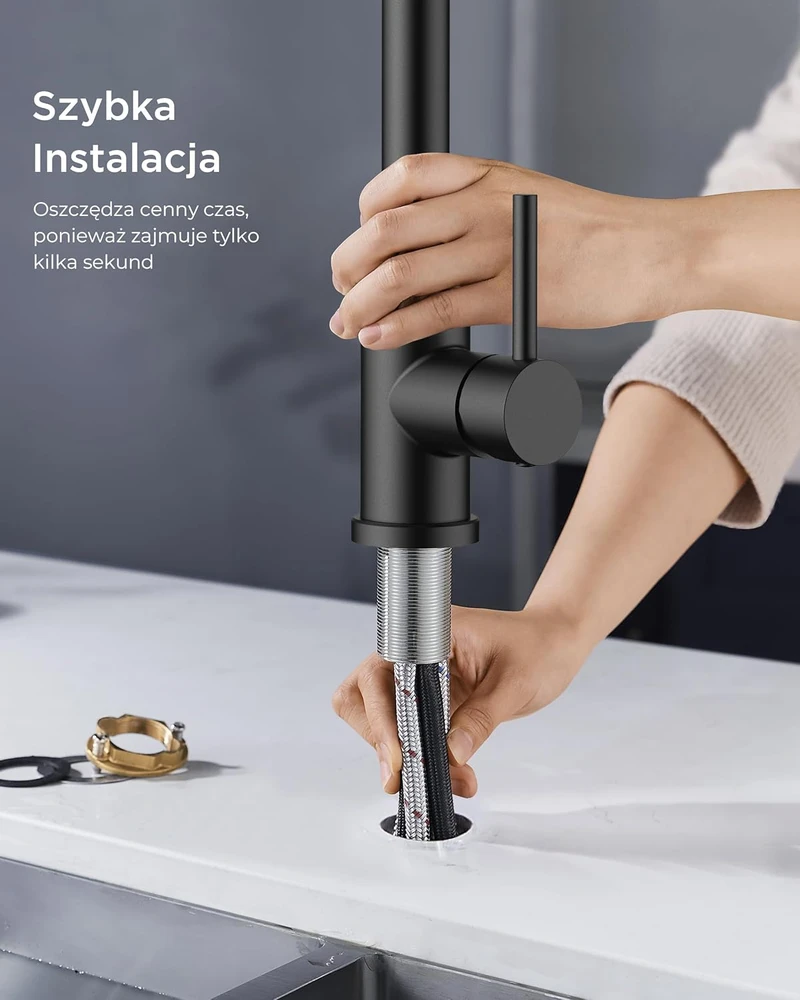 FORIOUS virtuvės maišytuvas, juodas, 5 purškimo režimai, nerūdijantis plienas, 360° pasukamas, ištraukiamas, modelis 85000B-38