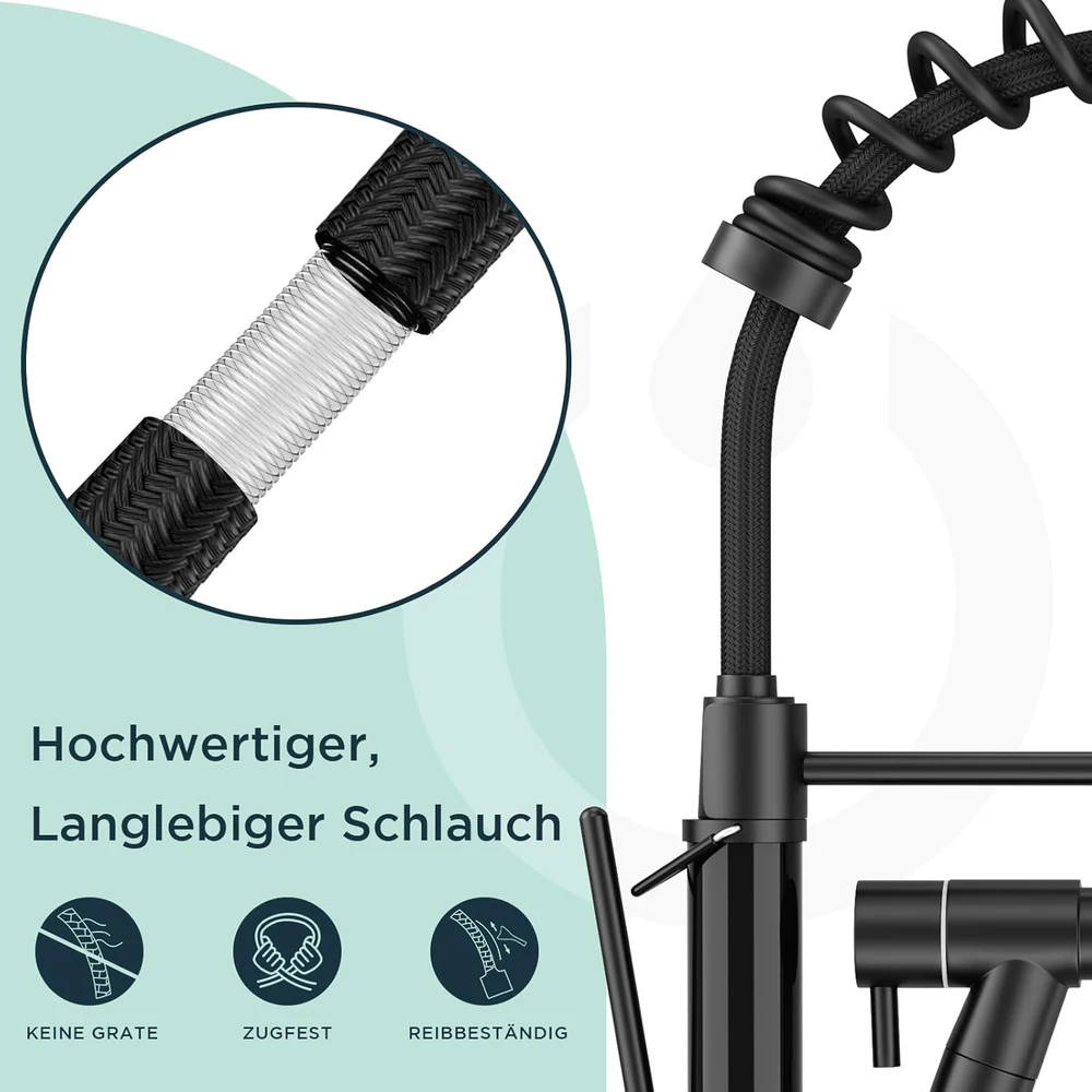 FORIOUS virtuvinis maišytuvas su LED temperatūros indikatoriumi, 360° pasukama juoda snapelis, dviejų krypčių purkštuvas