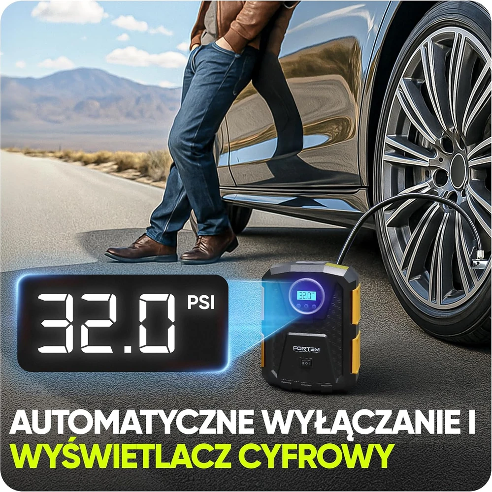 FORTEM automobilinis oro kompresorius 12 V 120 W su LED žibintu FRTM-DAC-Geltonas