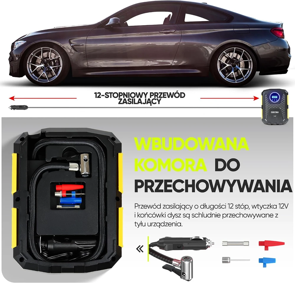 FORTEM automobilinis oro kompresorius 12 V 120 W su LED žibintu FRTM-DAC-Geltonas
