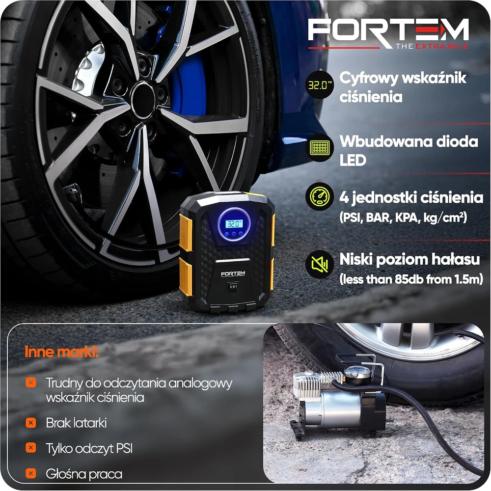 FORTEM automobilinis oro kompresorius 12 V 120 W su LED žibintu FRTM-DAC-Geltonas