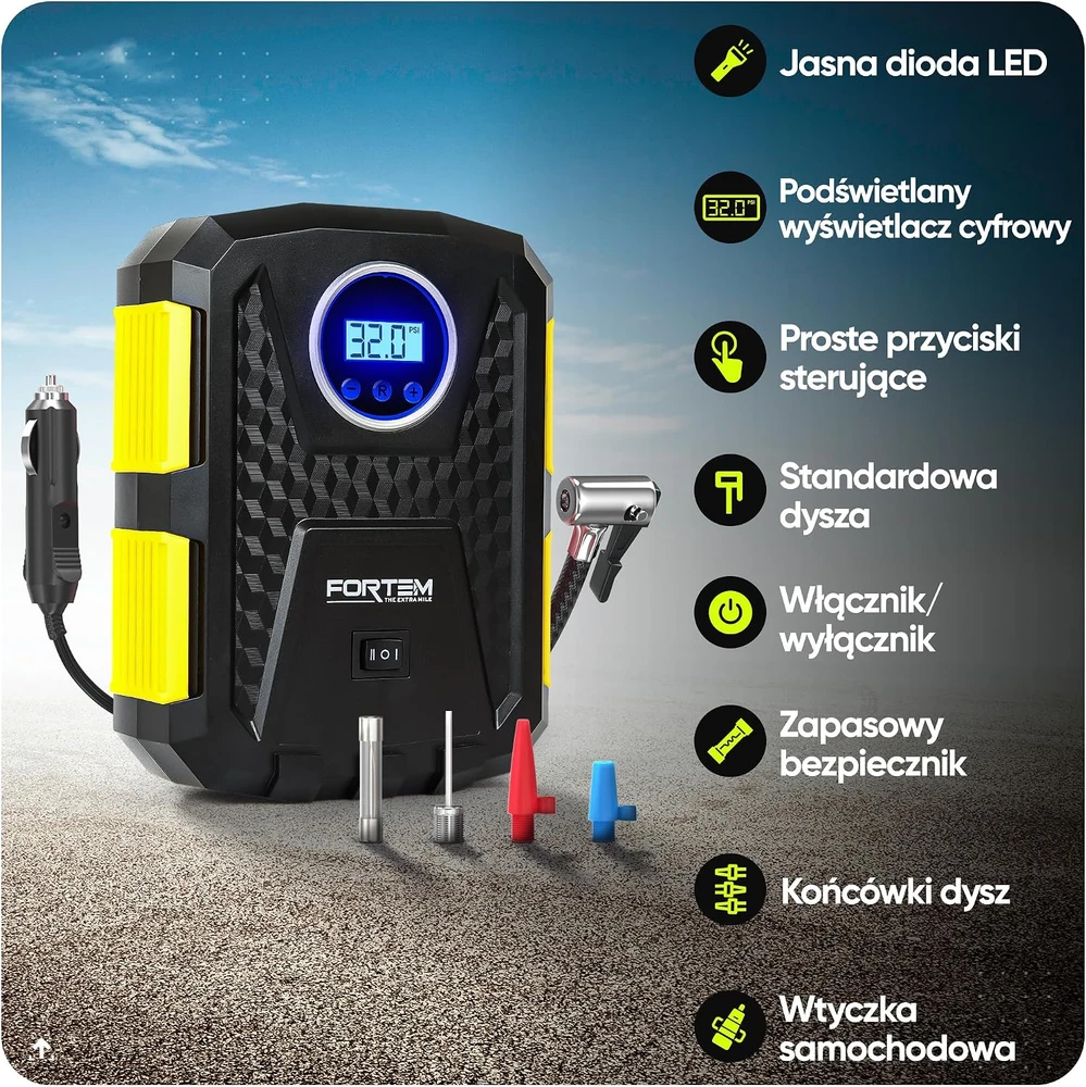 FORTEM automobilinis oro kompresorius 12 V 120 W su LED žibintu FRTM-DAC-Geltonas