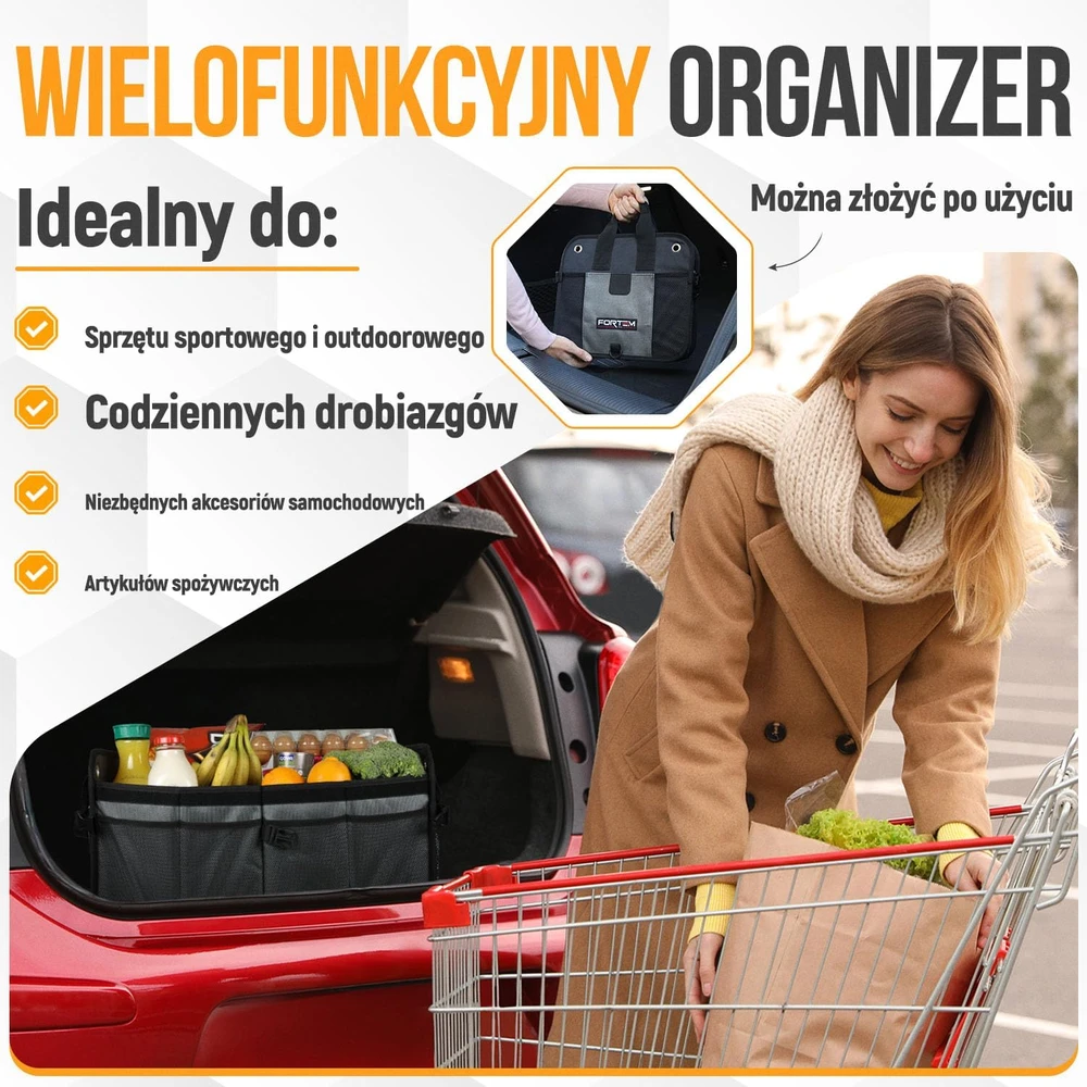 FORTEM automobilio bagažinės organizatorius 65 l, 3 skyriai, sulankstomas FRTM-17-21-TO-V2