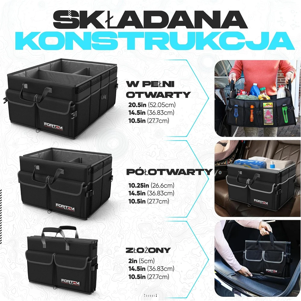FORTEM automobilio bagažinės organizatorius 50 l su 3 skyriais, sulankstomas FRTM-TO