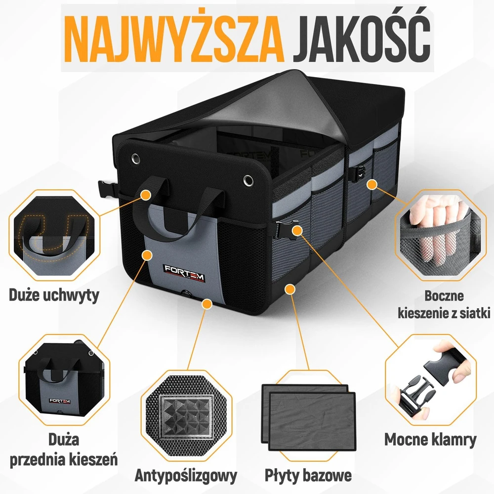 FORTEM automobilio bagažinės organizatorius 65 l, 3 skyriai, sulankstomas FRTM-17-21-TO-V2