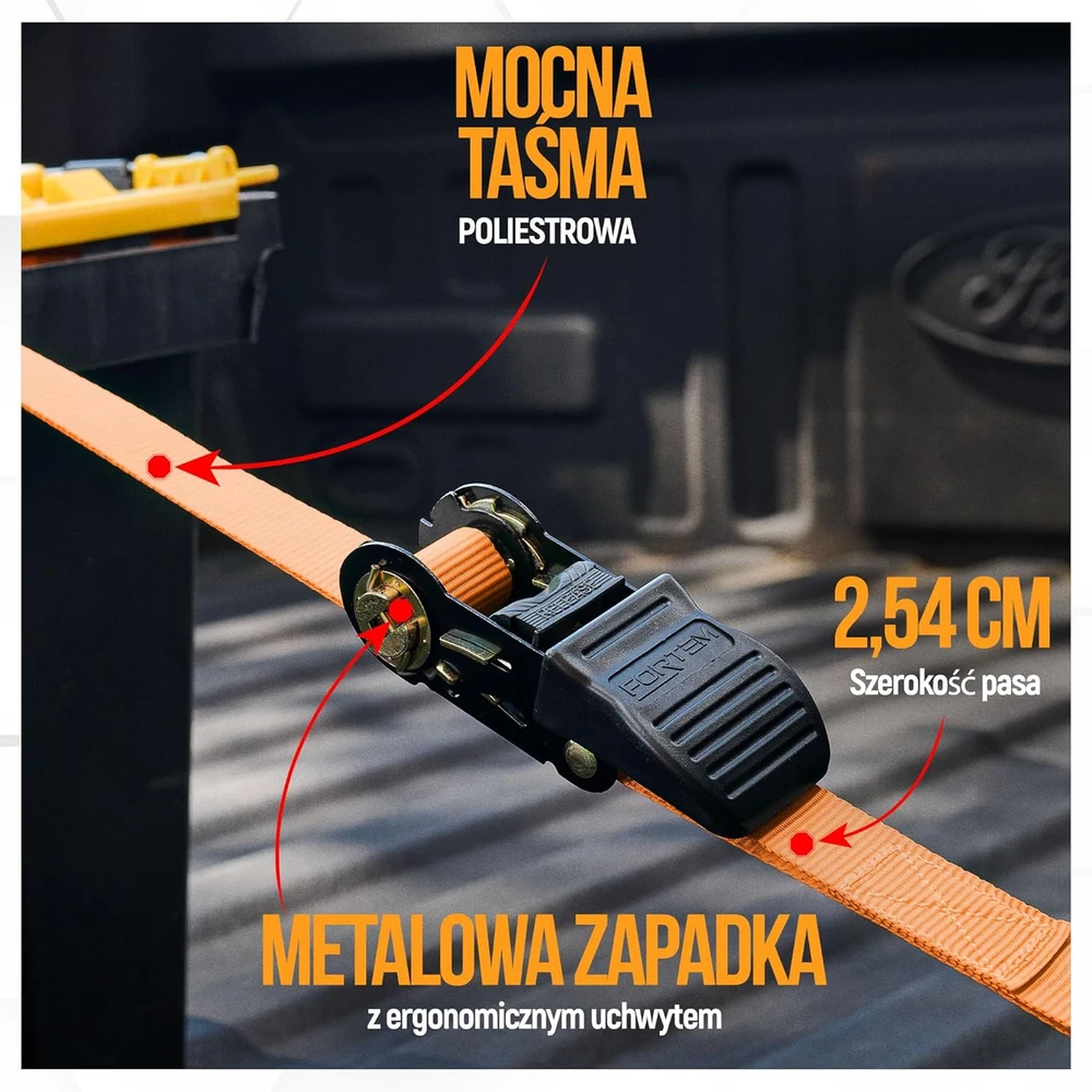 FORTEM transportavimo diržai su sagtimi, 748 kg, ilgis 4,57 m, rinkinys 4 vnt., FRTM-RTDS