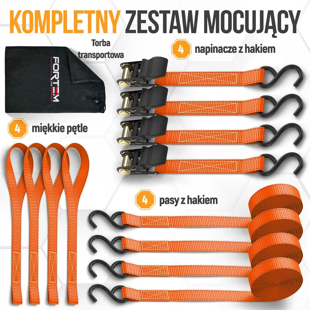 FORTEM transportavimo diržai su sagtimi, 748 kg, ilgis 4,57 m, rinkinys 4 vnt., FRTM-RTDS