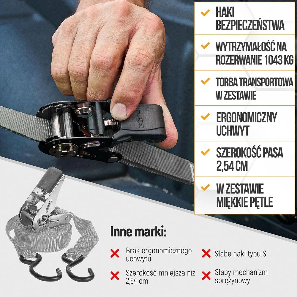 FORTEM transportavimo diržų rinkinys, 4 vnt, su griebtukais, 1043 kg, ilgis 4,57 m, S formos kabliai