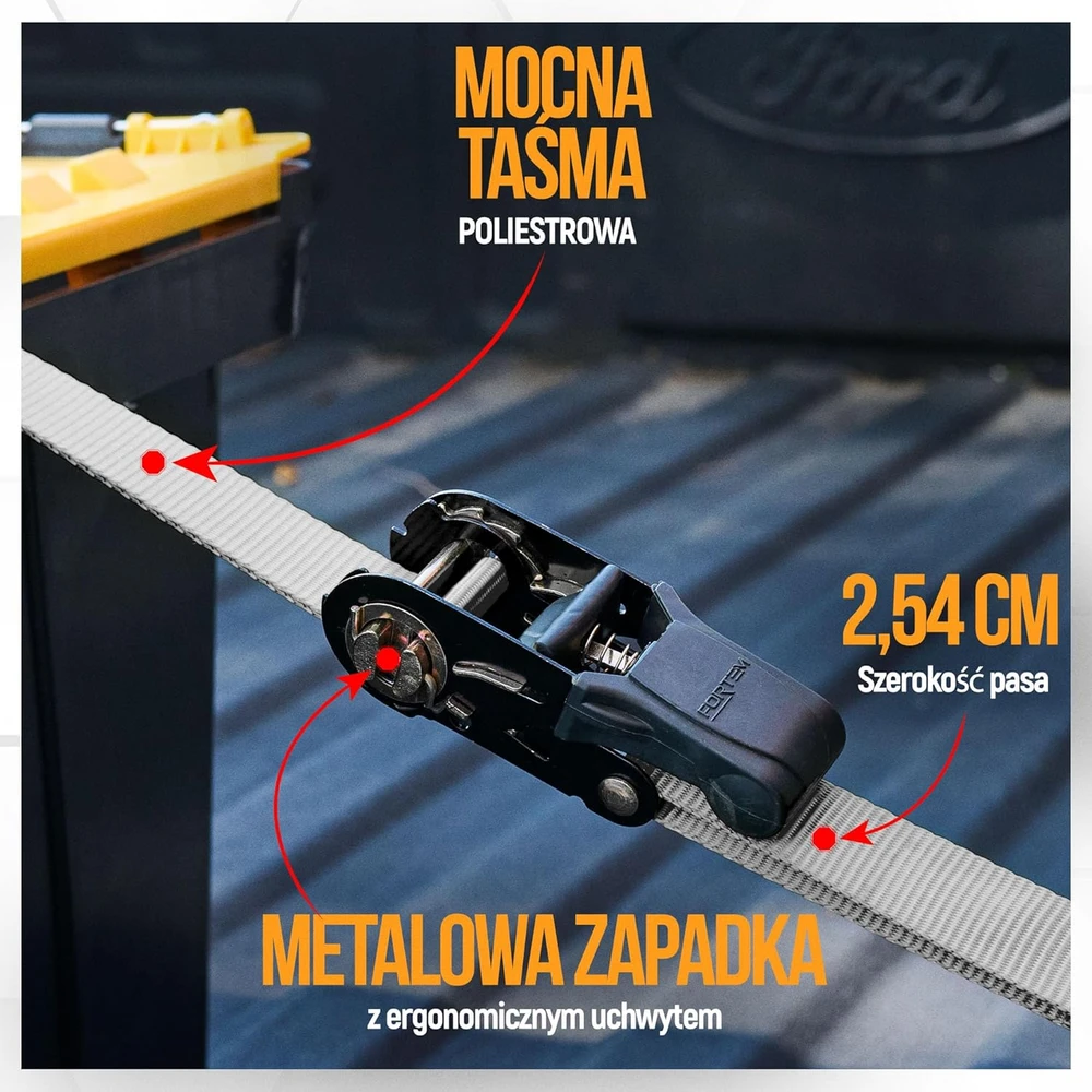 FORTEM transportavimo diržų rinkinys, 4 vnt, su griebtukais, 1043 kg, ilgis 4,57 m, S formos kabliai