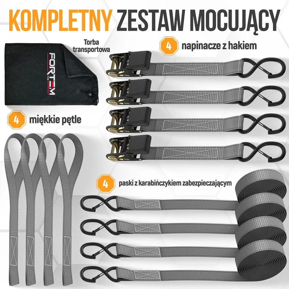 FORTEM transportavimo diržų rinkinys, 4 vnt, su griebtukais, 1043 kg, ilgis 4,57 m, S formos kabliai