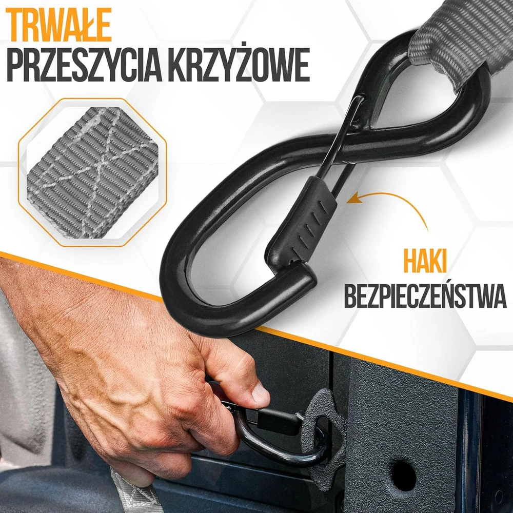 FORTEM transportavimo diržų rinkinys, 4 vnt, su griebtukais, 1043 kg, ilgis 4,57 m, S formos kabliai