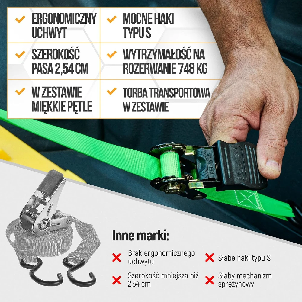 FORTEM transportavimo diržų rinkinys su griebtuvu, 748 kg apkrova, 4 vnt., 4,6 m, su kabliukais