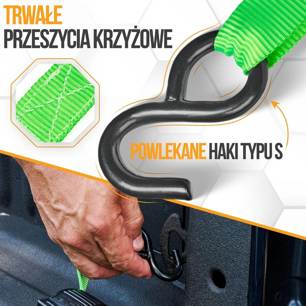 FORTEM transportavimo diržų rinkinys su griebtuvu, 748 kg apkrova, 4 vnt., 4,6 m, su kabliukais