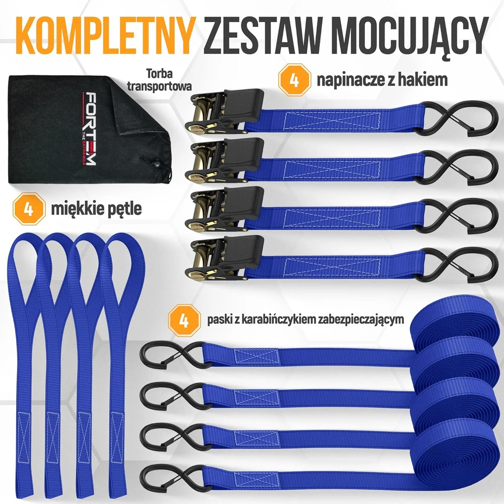 FORTEM transportavimo diržų rinkinys su ratukais, 4 vnt., 1043 kg apkrova, 4,57 m ilgio, S formos kabliai, FRTM-RTDS-2300