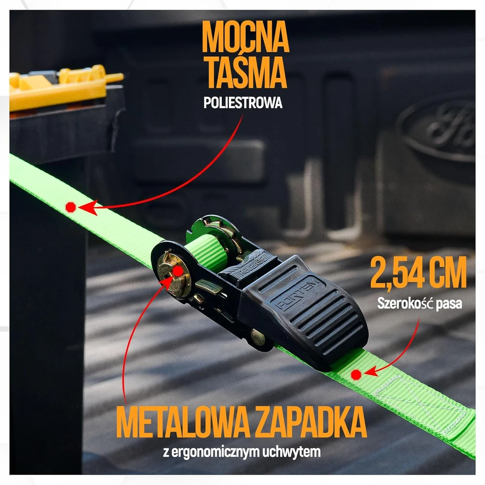 FORTEM transportavimo diržų rinkinys su griebtuvu, 748 kg apkrova, 4 vnt., 4,6 m, su kabliukais