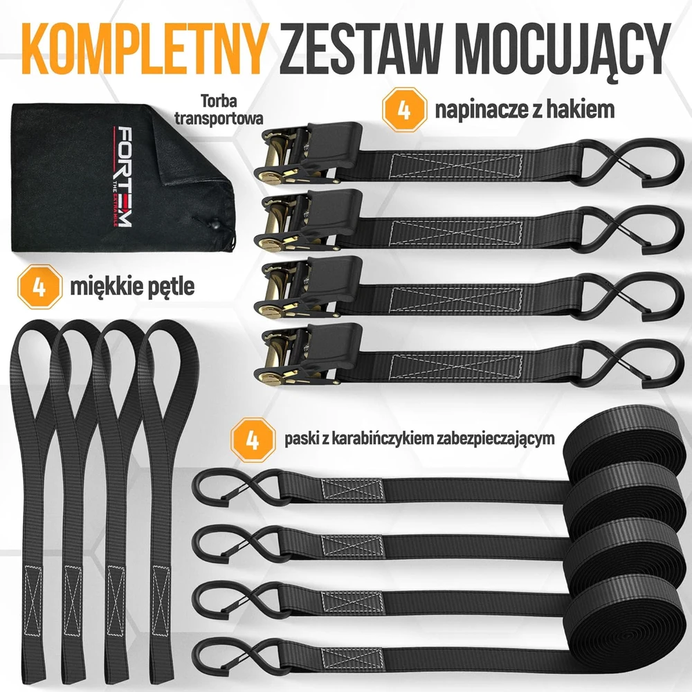 FORTEM transportavimo diržų rinkinys su 1043 kg apkrova, 460 cm ilgio, S-kablių sistema, FRTM-RTDS-2300