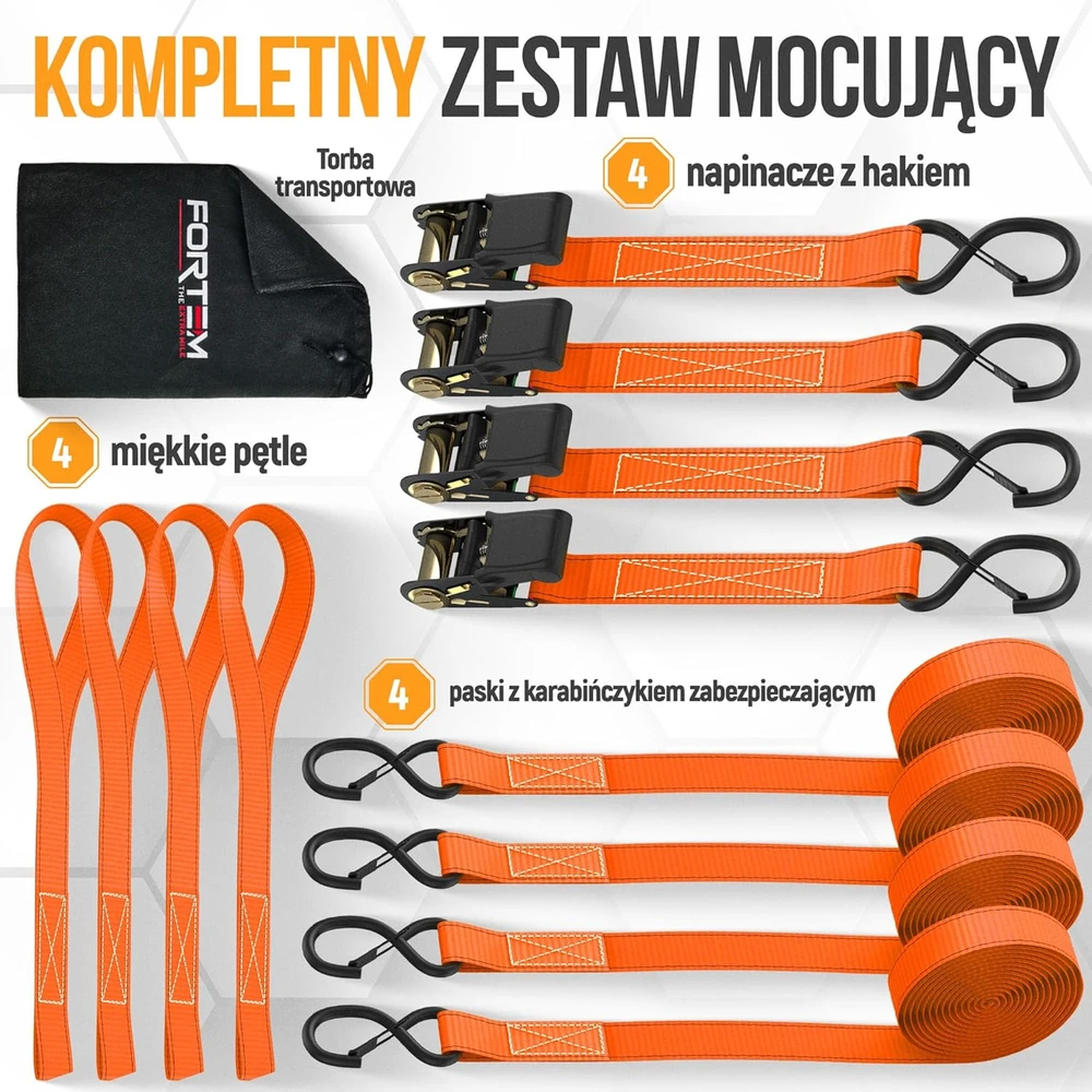 Fortem transportavimo diržų rinkinys su įtempikliu, 1043 kg, 4,57 m, S formos kabliais, FRTM-RTDS-2300