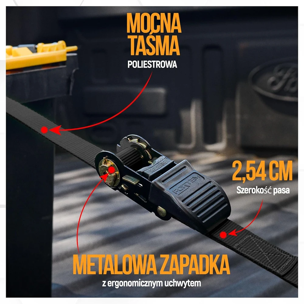 Fortem tvirtinimo diržų rinkinys su spragtuku, 748 kg apkrova, 460 cm ilgis, 4 vnt, metaliniais kabliais