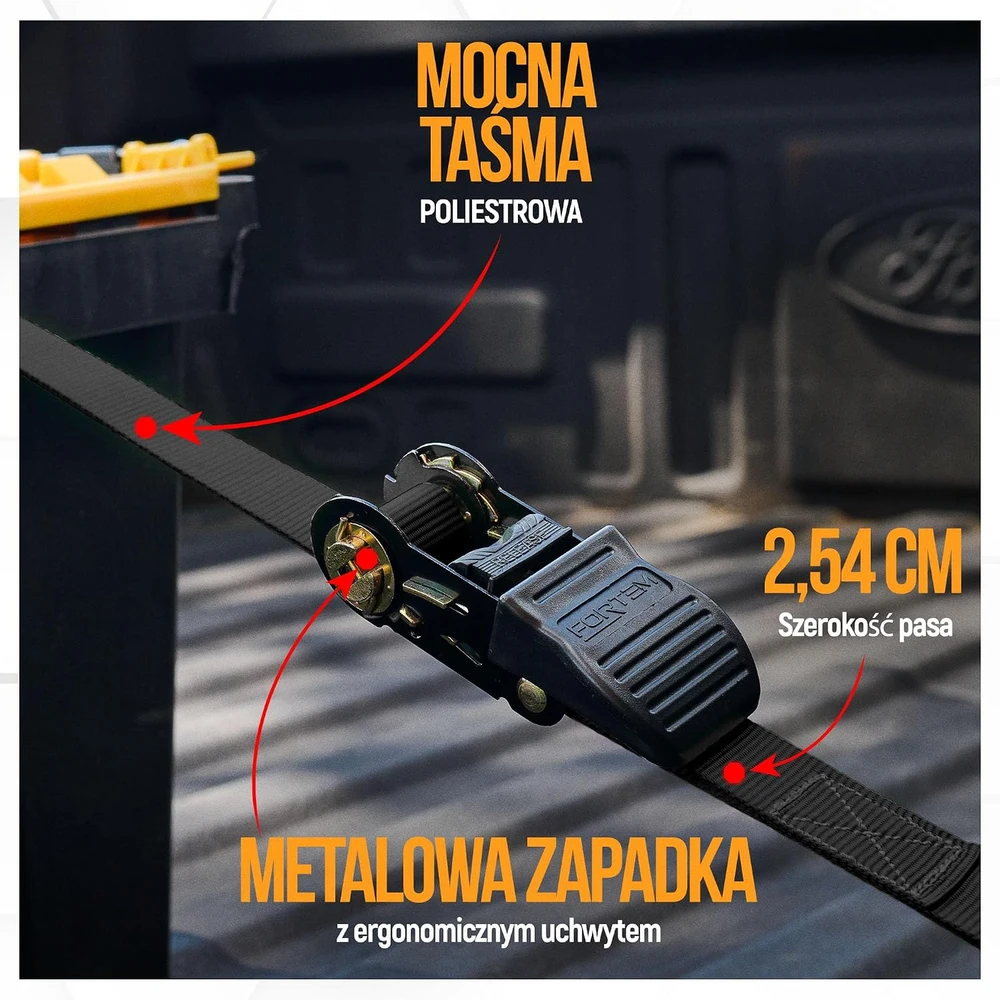 Fortem tvirtinimo diržų rinkinys su spragtuku, 748 kg apkrova, 460 cm ilgis, 4 vnt, metaliniais kabliais