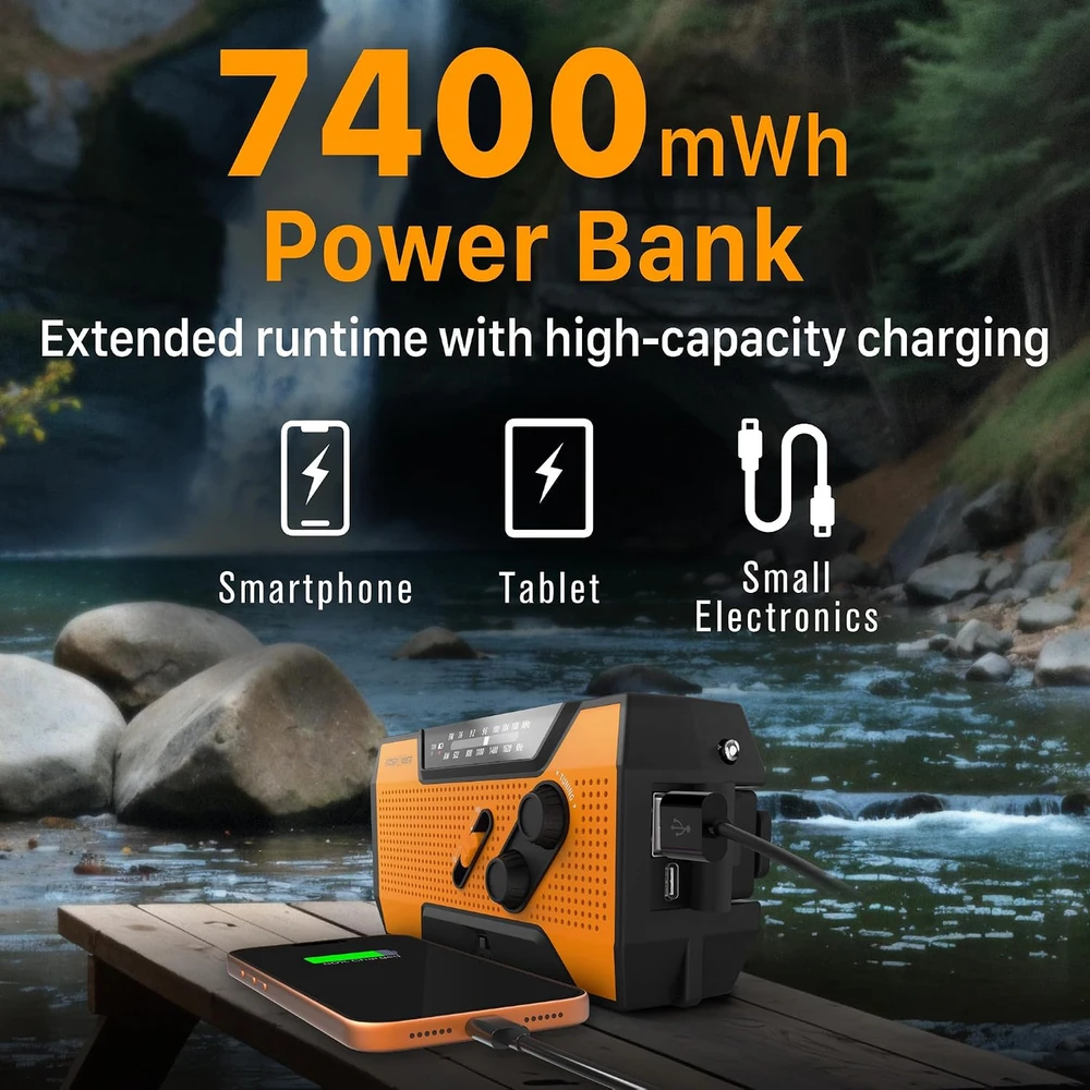 FosPower nešiojamasis avarinis radijas su saulės baterija, rankiniu generatoriumi ir 2000 mAh FOSPWB-2376
